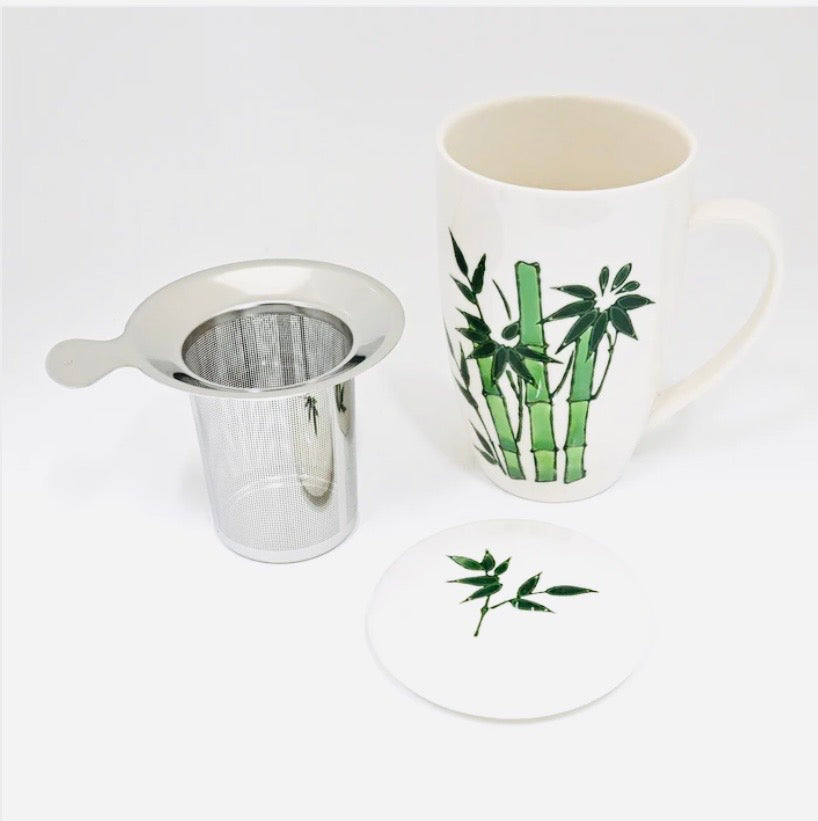 Porcelain Mug with Strainer-Green Bamboo