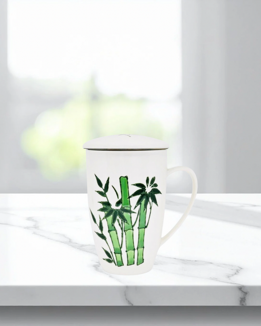 Porcelain Mug with Strainer-Green Bamboo
